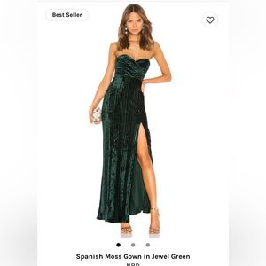 Like new NBD Spanish Moss Gown long strapless emerald green formal cocktail